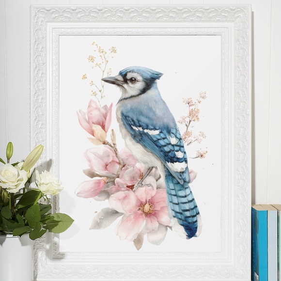 Watercolor Floral Blue Jay Art Print - Unframed Wall Decor - Picture 5 of 6